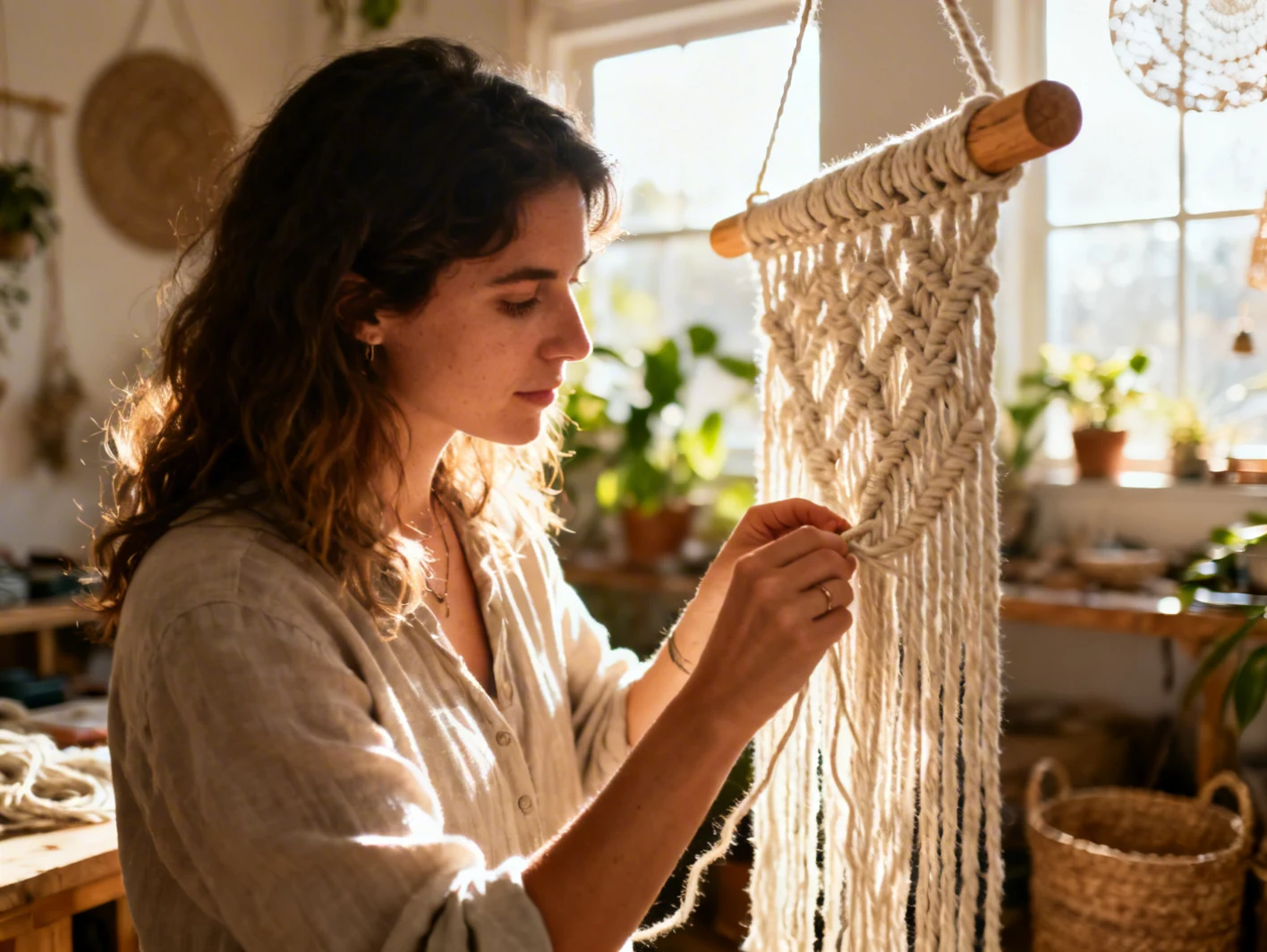 Artisane travaillant le macrame dans son atelier